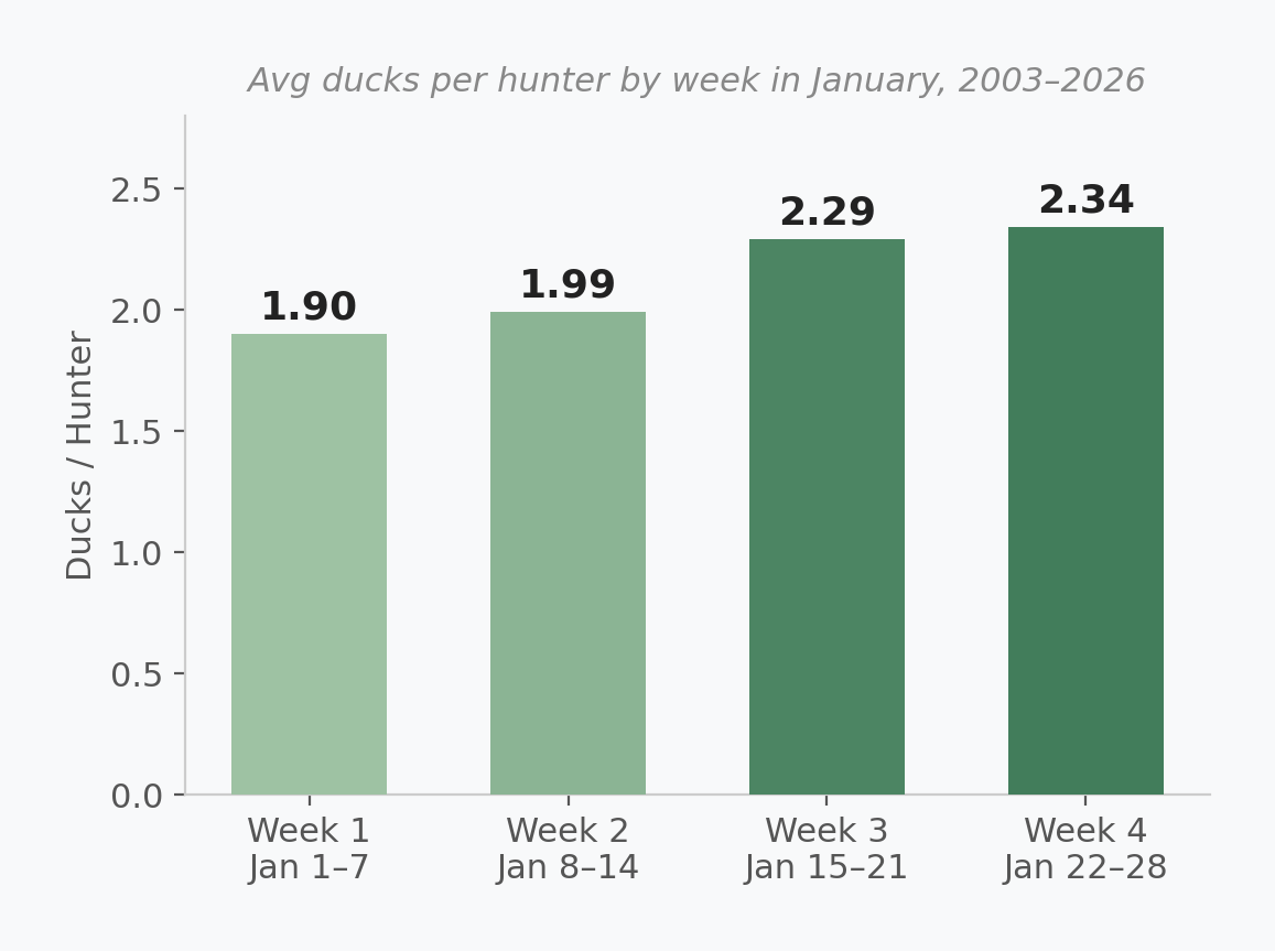 Bar chart: avg ducks per hunter by week in January
